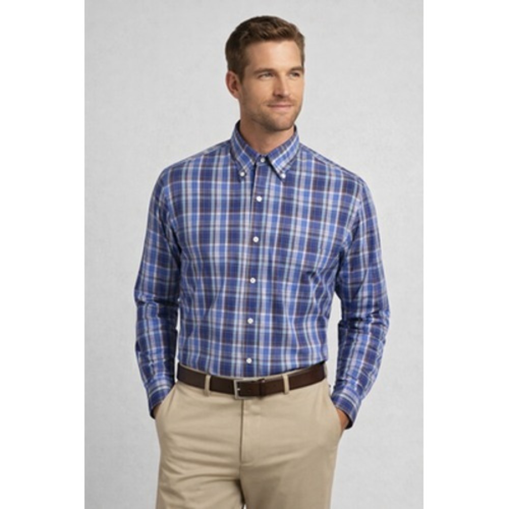 Peter Millar Shirt Mens Large Blue Plaid‎ Cotton Button Front Long Sleeve Casual